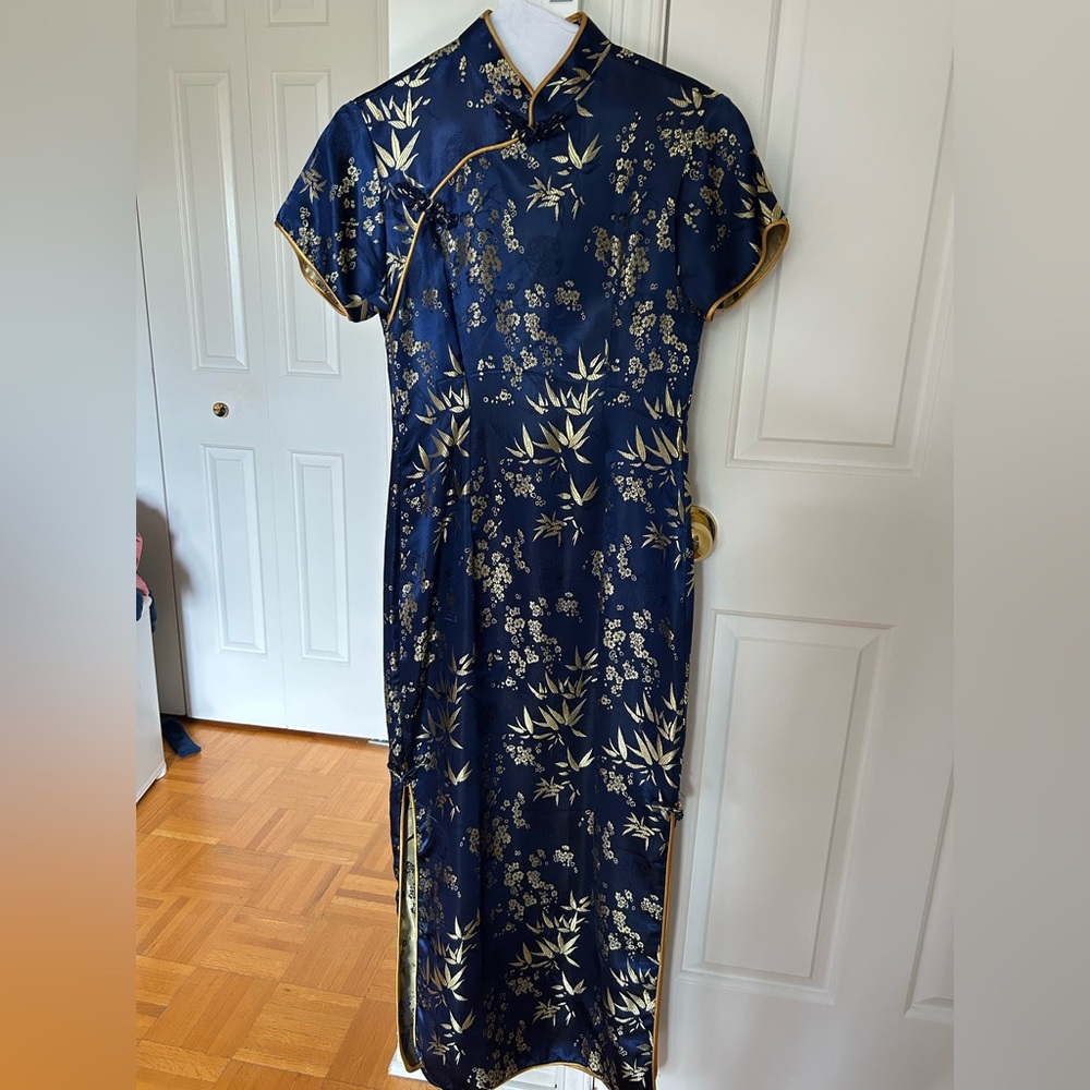 Navy Blue Floral Satin Cheongsam Dress